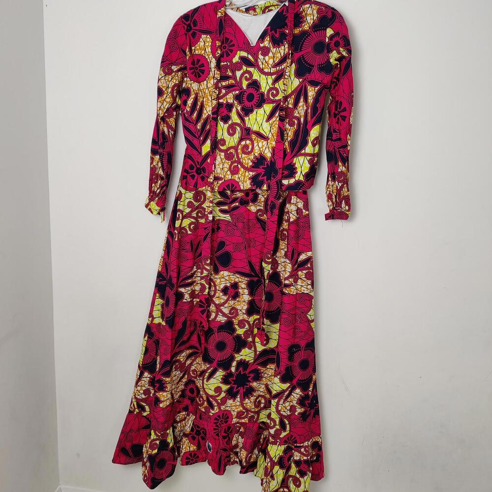 African Print Maxi Dress with Matching Bolero Jacket Pink Yellow Floral